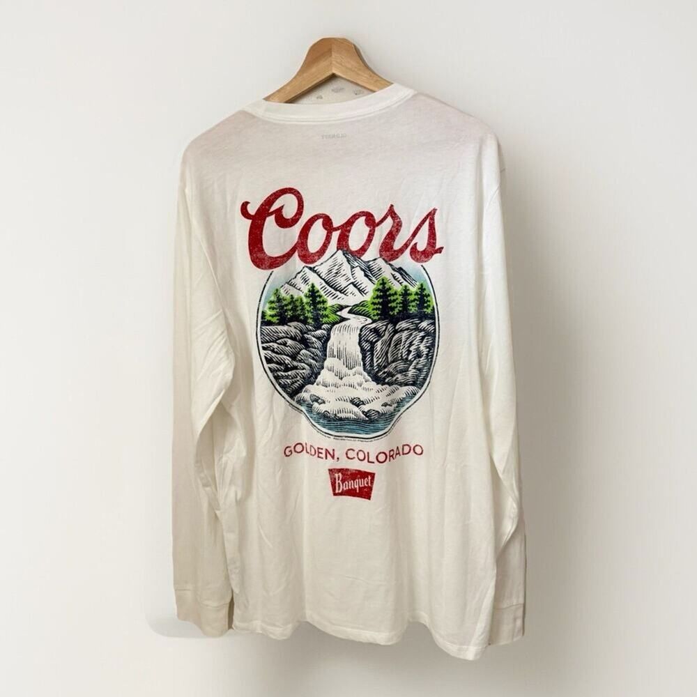 Coors Banquet T-Shirt XL White Beer Sleeve Print Waterfall Crest Long Sleeve Tee
